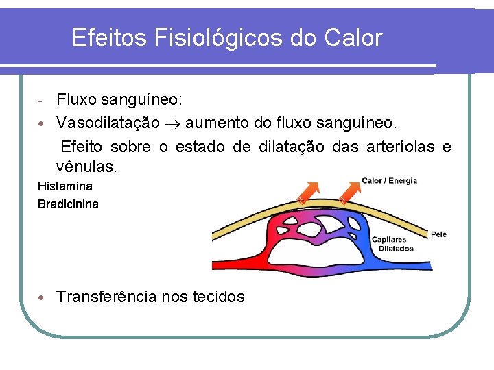 Efeitos Fisiológicos do Calor Fluxo sanguíneo: Vasodilatação aumento do fluxo sanguíneo. Efeito sobre o