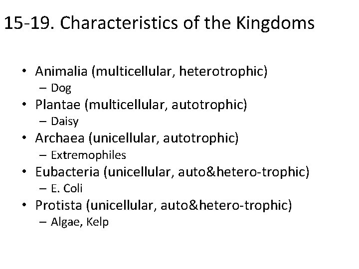 15 -19. Characteristics of the Kingdoms • Animalia (multicellular, heterotrophic) – Dog • Plantae