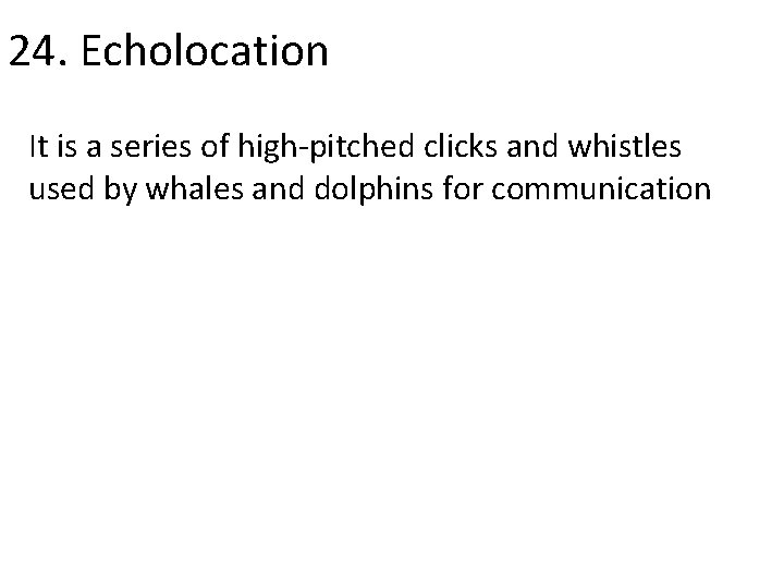24. Echolocation It is a series of high-pitched clicks and whistles used by whales