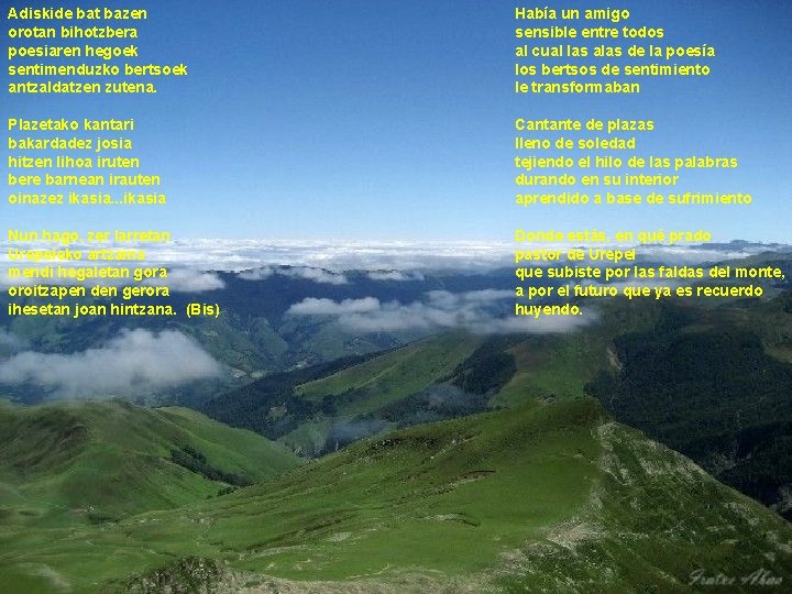 Adiskide bat bazen orotan bihotzbera poesiaren hegoek sentimenduzko bertsoek antzaldatzen zutena. Había un amigo