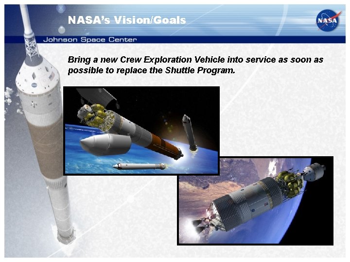 NASA’s Vision/Goals Bring a new Crew Exploration Vehicle into service as soon as possible