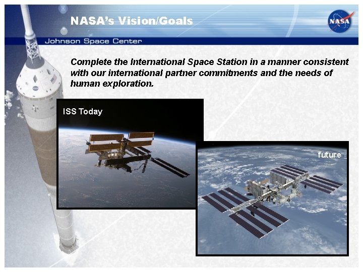 NASA’s Vision/Goals Complete the International Space Station in a manner consistent with our international