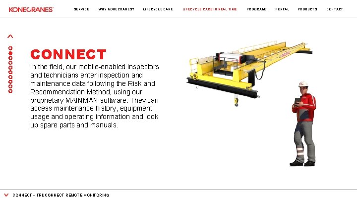 SERVICE WHY KONECRANES? CONNECT LIFECYCLE CARE In the field, our mobile-enabled inspectors and technicians