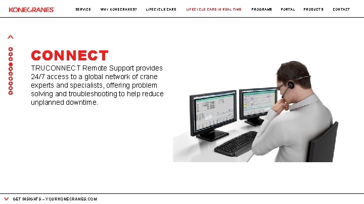 SERVICE WHY KONECRANES? CONNECT LIFECYCLE CARE TRUCONNECT Remote Support provides 24/7 access to a