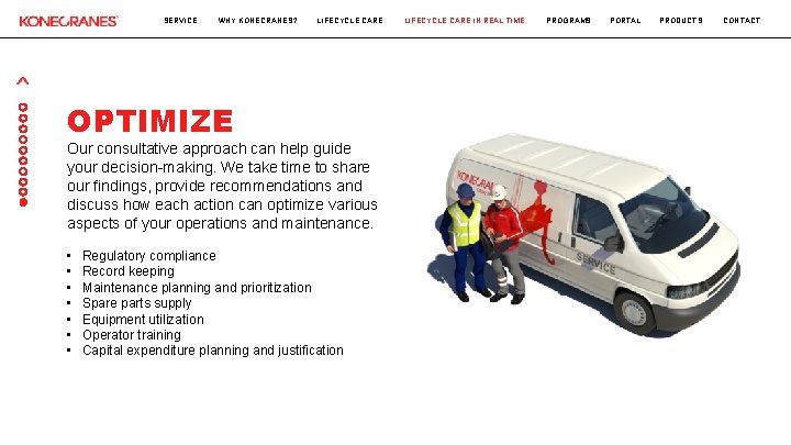 SERVICE WHY KONECRANES? LIFECYCLE CARE OPTIMIZE Our consultative approach can help guide your decision-making.