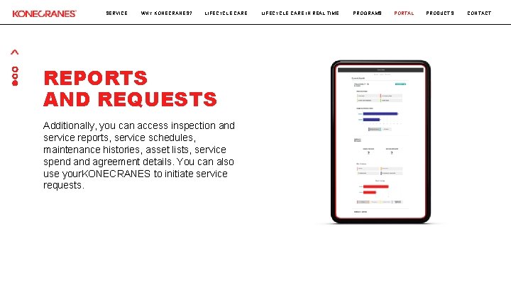 SERVICE WHY KONECRANES? LIFECYCLE CARE REPORTS AND REQUESTS Additionally, you can access inspection and SERVICE WHY KONECRANES? LIFECYCLE CARE REPORTS AND REQUESTS Additionally, you can access inspection and