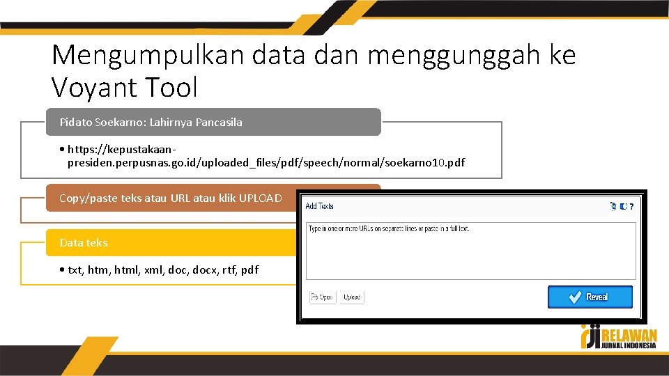 Mengumpulkan data dan menggunggah ke Voyant Tool Pidato Soekarno: Lahirnya Pancasila • https: //kepustakaanpresiden.