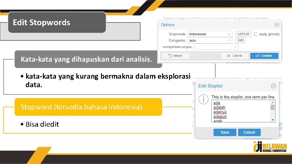 Edit Stopwords Kata-kata yang dihapuskan dari analisis. • kata-kata yang kurang bermakna dalam eksplorasi