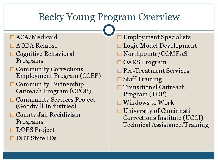 Becky Young Program Overview � ACA/Medicaid � Employment Specialists � AODA Relapse � Logic