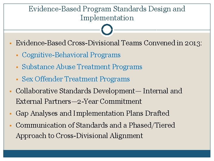 Evidence-Based Program Standards Design and Implementation § Evidence-Based Cross-Divisional Teams Convened in 2013: §
