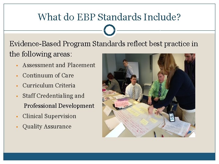 What do EBP Standards Include? Evidence-Based Program Standards reflect best practice in the following