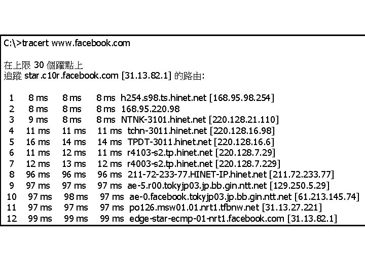 C: >tracert www. facebook. com 在上限 30 個躍點上 追蹤 star. c 10 r. facebook.