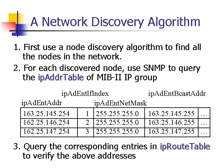 A Network Discovery Algorithm 1. First use a node discovery algorithm to find all