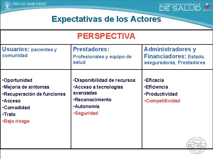 Expectativas de los Actores PERSPECTIVA Usuarios: pacientes y Prestadores: comunidad Profesionales y equipo de