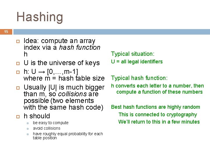 Hashing 15 Idea: compute an array index via a hash function Typical situation: h