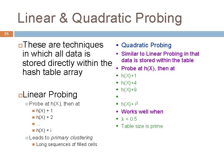 Linear & Quadratic Probing 25 These are techniques in which all data is stored