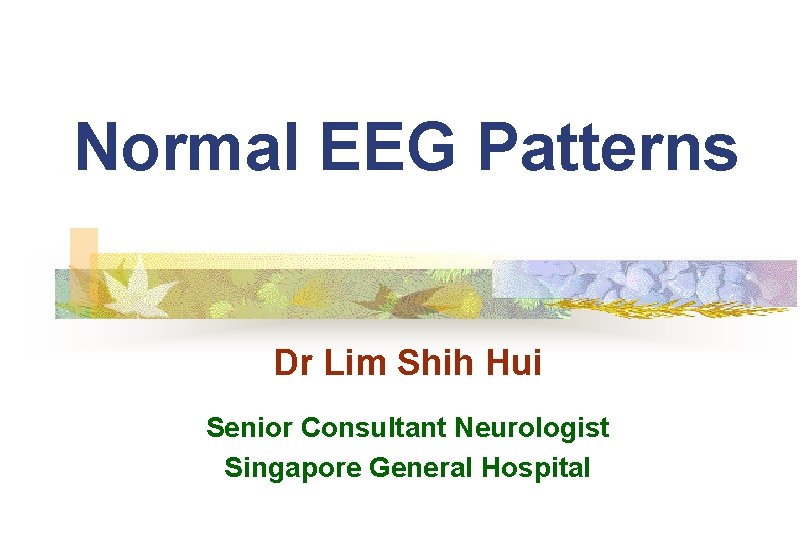 Normal EEG Patterns Dr Lim Shih Hui Senior Consultant Neurologist Singapore General Hospital 