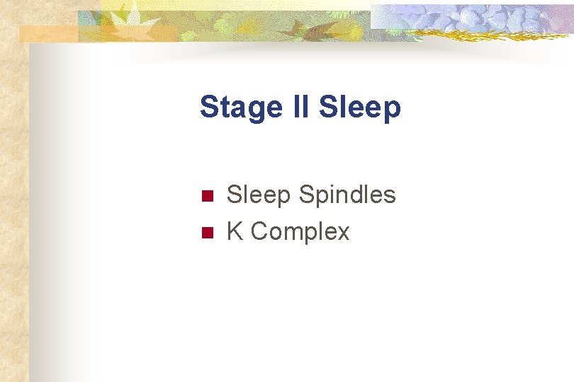 Stage II Sleep n n Sleep Spindles K Complex 