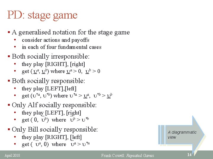 PD: stage game § A generalised notation for the stage game • consider actions