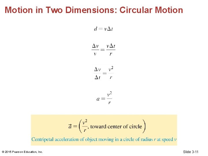 Motion in Two Dimensions: Circular Motion © 2015 Pearson Education, Inc. Slide 3 -11