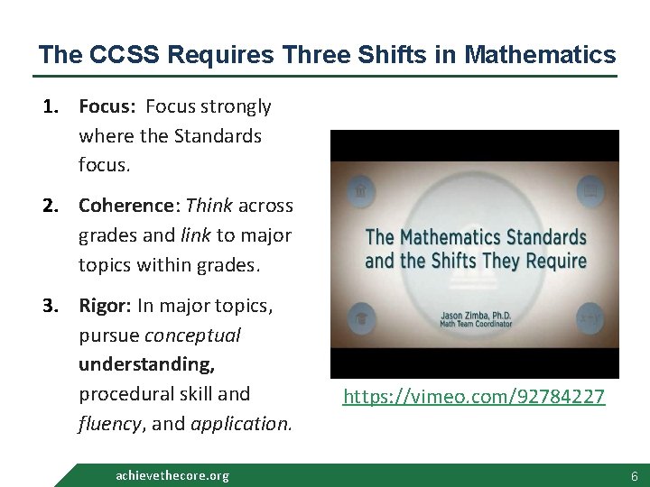 The CCSS Requires Three Shifts in Mathematics 1. Focus: Focus strongly where the Standards