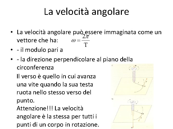 La velocità angolare • La velocità angolare può essere immaginata come un vettore che