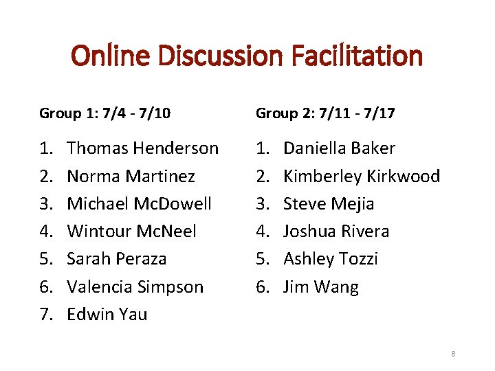 Online Discussion Facilitation Group 1: 7/4 - 7/10 Group 2: 7/11 - 7/17 1.