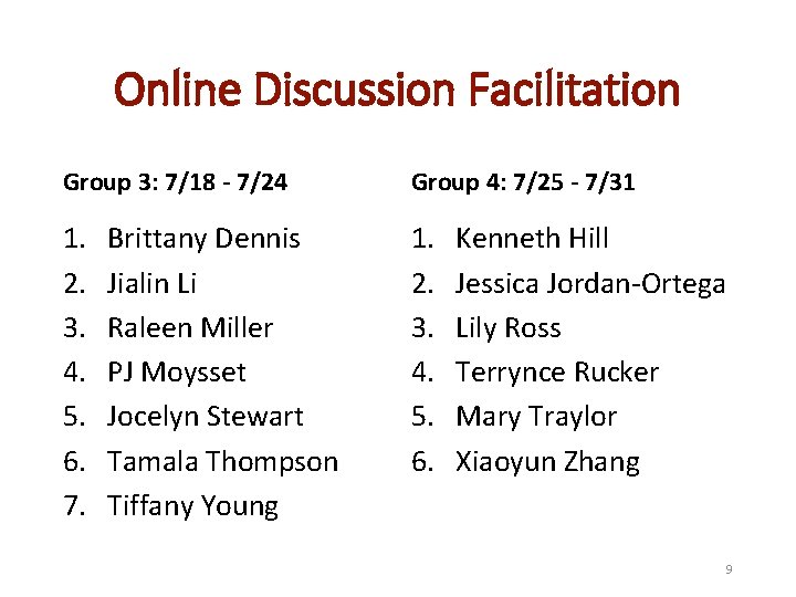 Online Discussion Facilitation Group 3: 7/18 - 7/24 Group 4: 7/25 - 7/31 1.