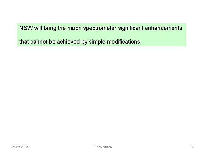 NSW will bring the muon spectrometer significant enhancements that cannot be achieved by simple NSW will bring the muon spectrometer significant enhancements that cannot be achieved by simple