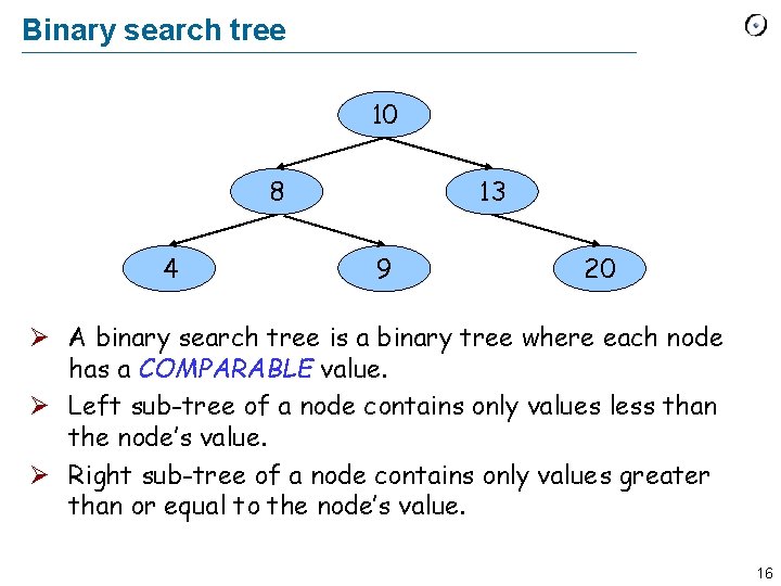 Binary search tree 10 8 4 13 9 20 Ø A binary search tree