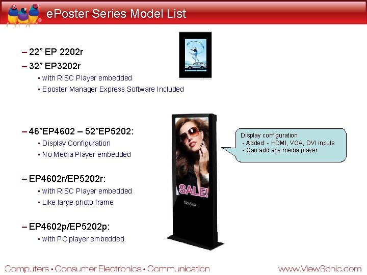 e. Poster Series Model List – 22” EP 2202 r – 32” EP 3202