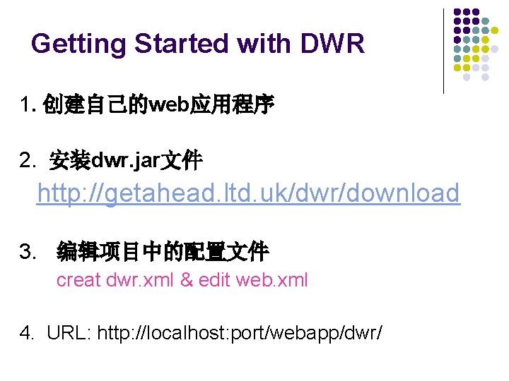 Getting Started with DWR 1. 创建自己的web应用程序 2. 安装dwr. jar文件 http: //getahead. ltd. uk/dwr/download 3.