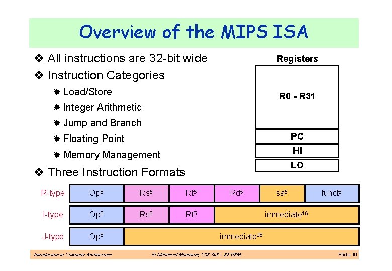 Overview of the MIPS ISA Registers v All instructions are 32 -bit wide v