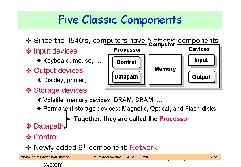 Five Classic Components v Since the 1940’s, computers have 5 Computer classic components Devices