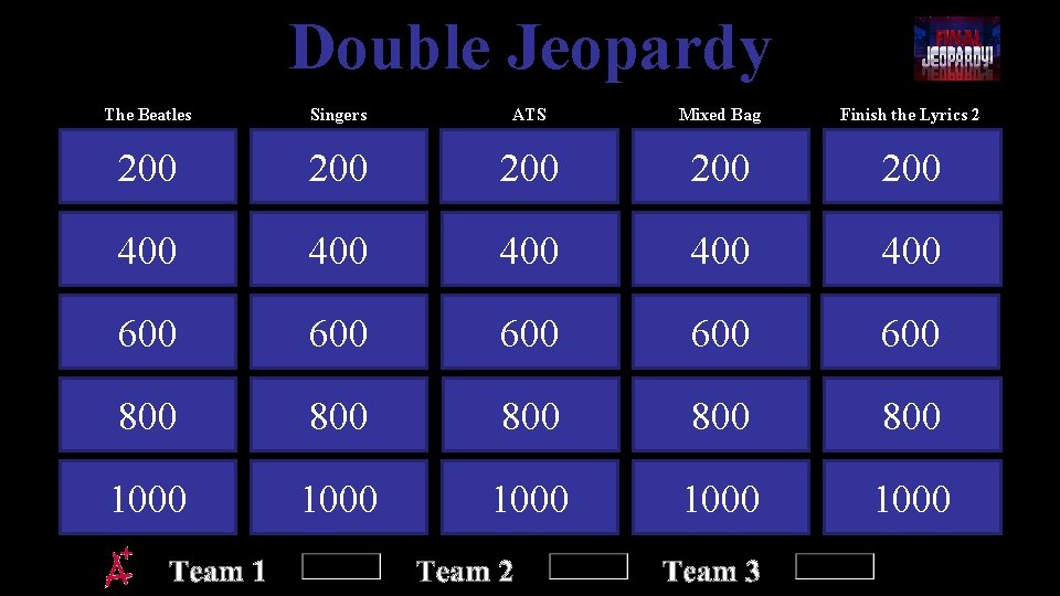 Double Jeopardy The Beatles Singers ATS Mixed Bag Finish the Lyrics 2 200 200