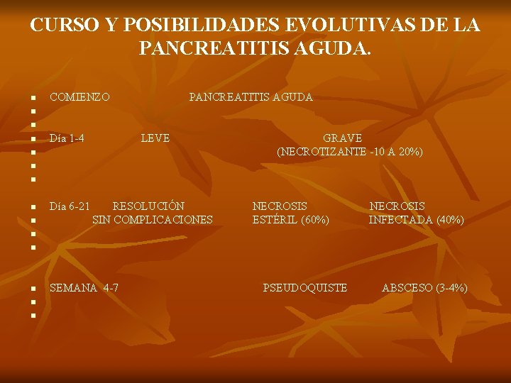 CURSO Y POSIBILIDADES EVOLUTIVAS DE LA PANCREATITIS AGUDA. n COMIENZO PANCREATITIS AGUDA n n