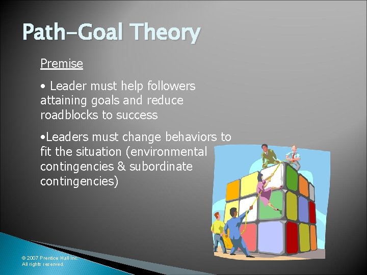 Path-Goal Theory Premise • Leader must help followers attaining goals and reduce roadblocks to