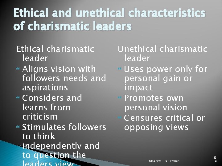 Ethical and unethical characteristics of charismatic leaders Ethical charismatic leader Aligns vision with followers