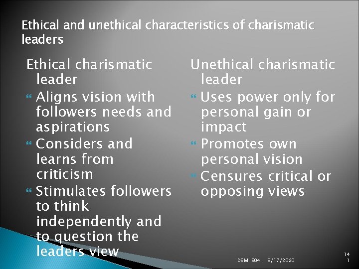 Ethical and unethical characteristics of charismatic leaders Ethical charismatic leader Aligns vision with followers