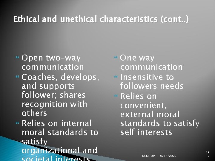 Ethical and unethical characteristics (cont. . ) Open two-way communication Coaches, develops, and supports