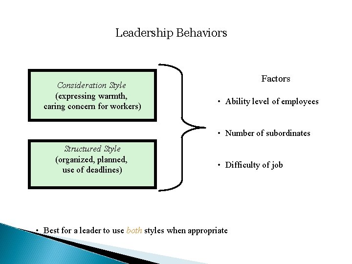 Leadership Behaviors Consideration Style (expressing warmth, caring concern for workers) Factors • Ability level