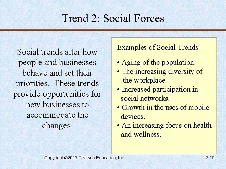 Trend 2: Social Forces Social trends alter how people and businesses behave and set