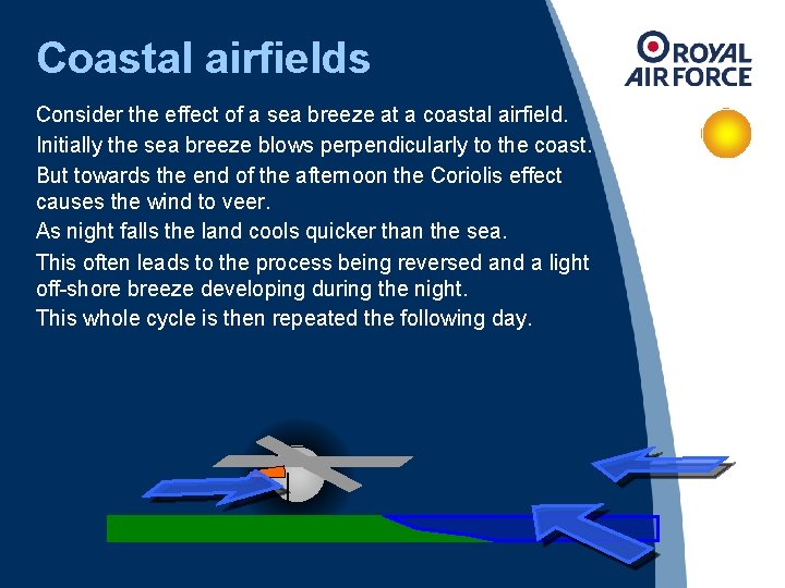 Coastal airfields Consider the effect of a sea breeze at a coastal airfield. Initially