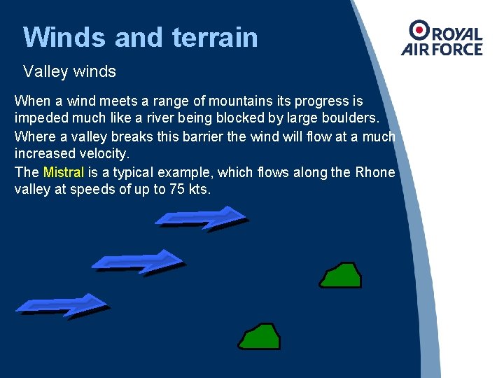 Winds and terrain Valley winds When a wind meets a range of mountains its