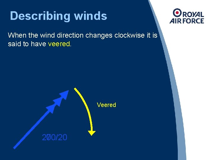 Describing winds When the wind direction changes clockwise it is said to have veered.