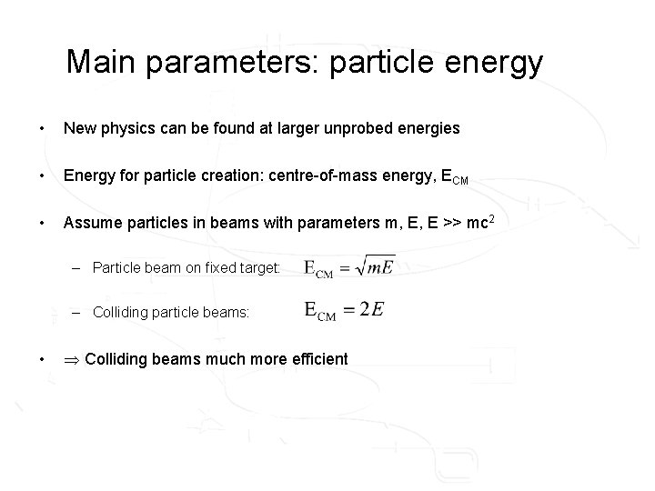 Main parameters: particle energy • New physics can be found at larger unprobed energies