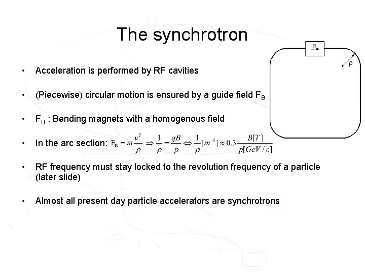 The synchrotron • Acceleration is performed by RF cavities • (Piecewise) circular motion is