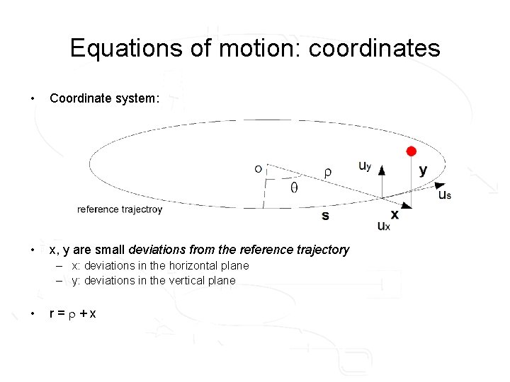 Equations of motion: coordinates • Coordinate system: • x, y are small deviations from