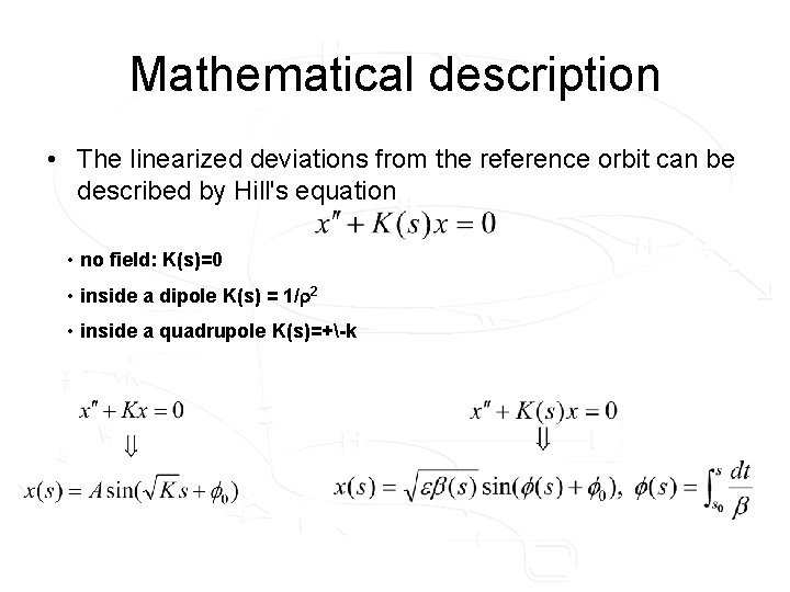 Mathematical description • The linearized deviations from the reference orbit can be described by