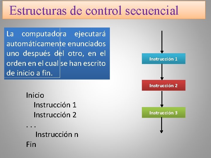 Estructuras de control secuencial La computadora ejecutará automáticamente enunciados uno después del otro, en